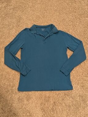 Lands' End Men's Long Sleeve Pima Cotton Teal Blue Polo Shirt